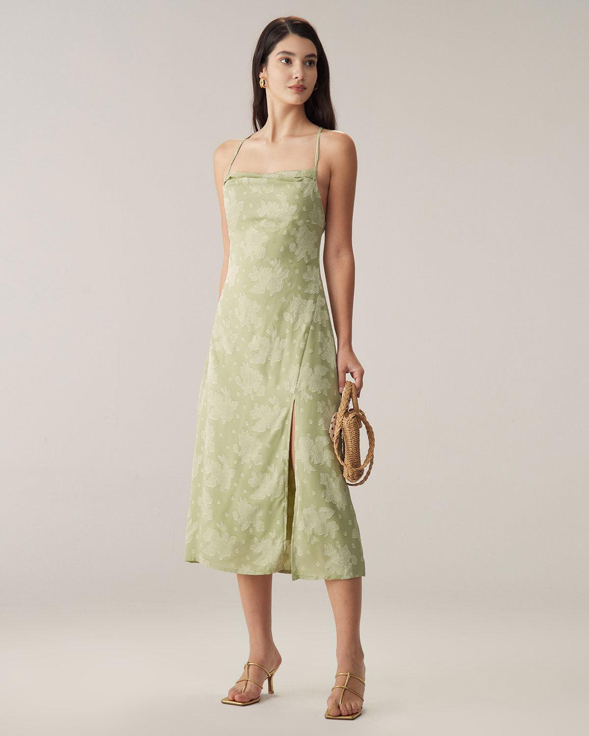 Green Jacquard Backless Slip Midi Dress Product Image