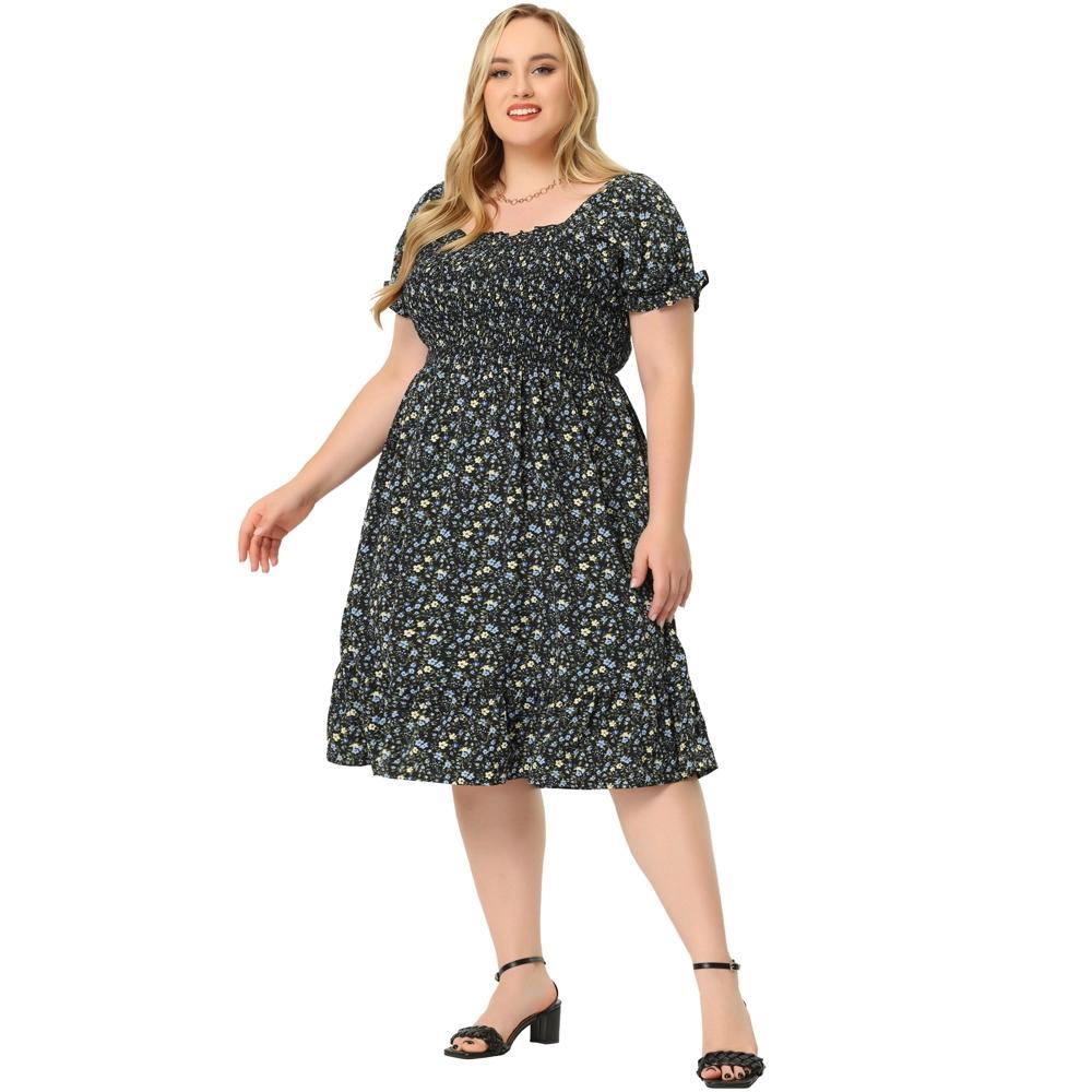Agnes Orinda Women's Plus Size Smock Ruffle Short Sleeve Floral Flared Flowy Dresses Product Image