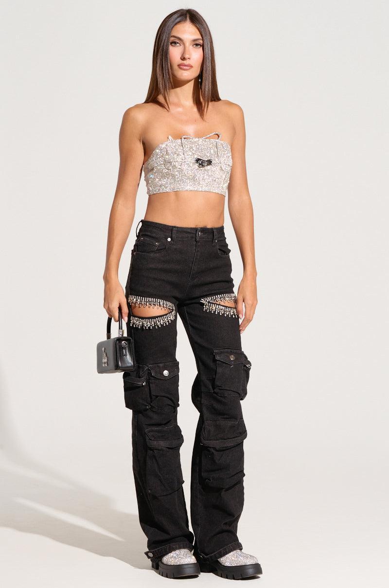 CALLING THE SHOTS CARGO DENIM WITH RHINESTONES IN BLACK Product Image