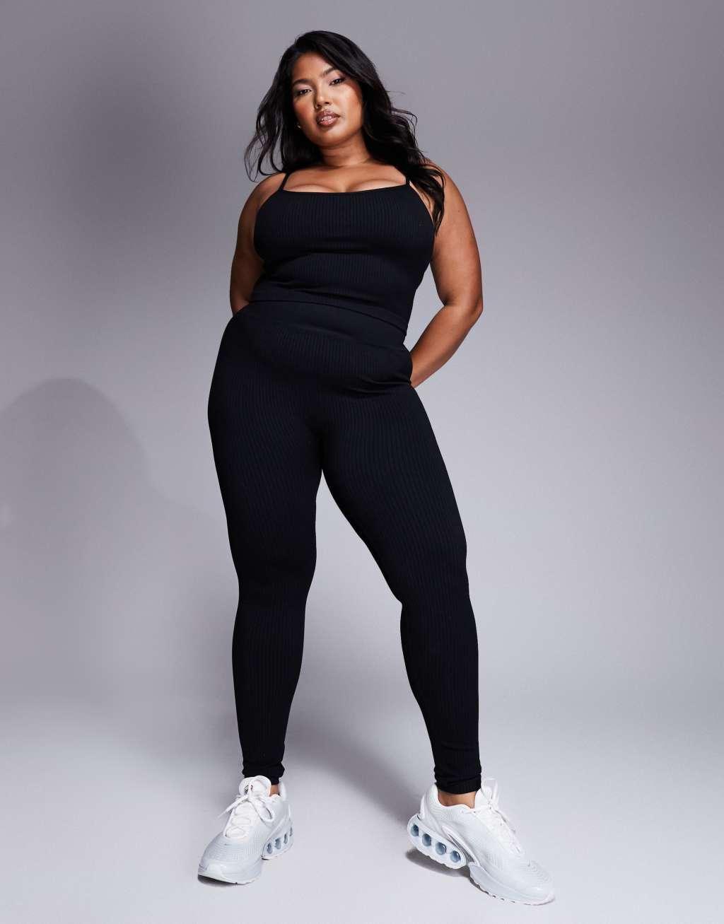 4505 Curve Icon seamless rib knit yoga tank top with shelf bra in black  Product Image