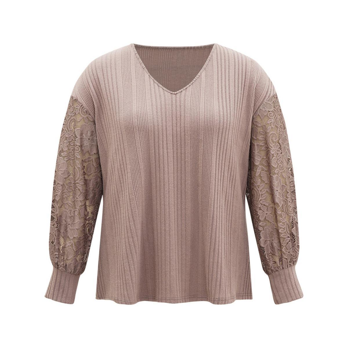 Plus Size Lace Panel V Neck Lantern Sleeve Sweatshirt Women Pink Elegant Elastic cuffs V-neck Dailywear Sweatshirts BloomChic 14-16/1X Product Image