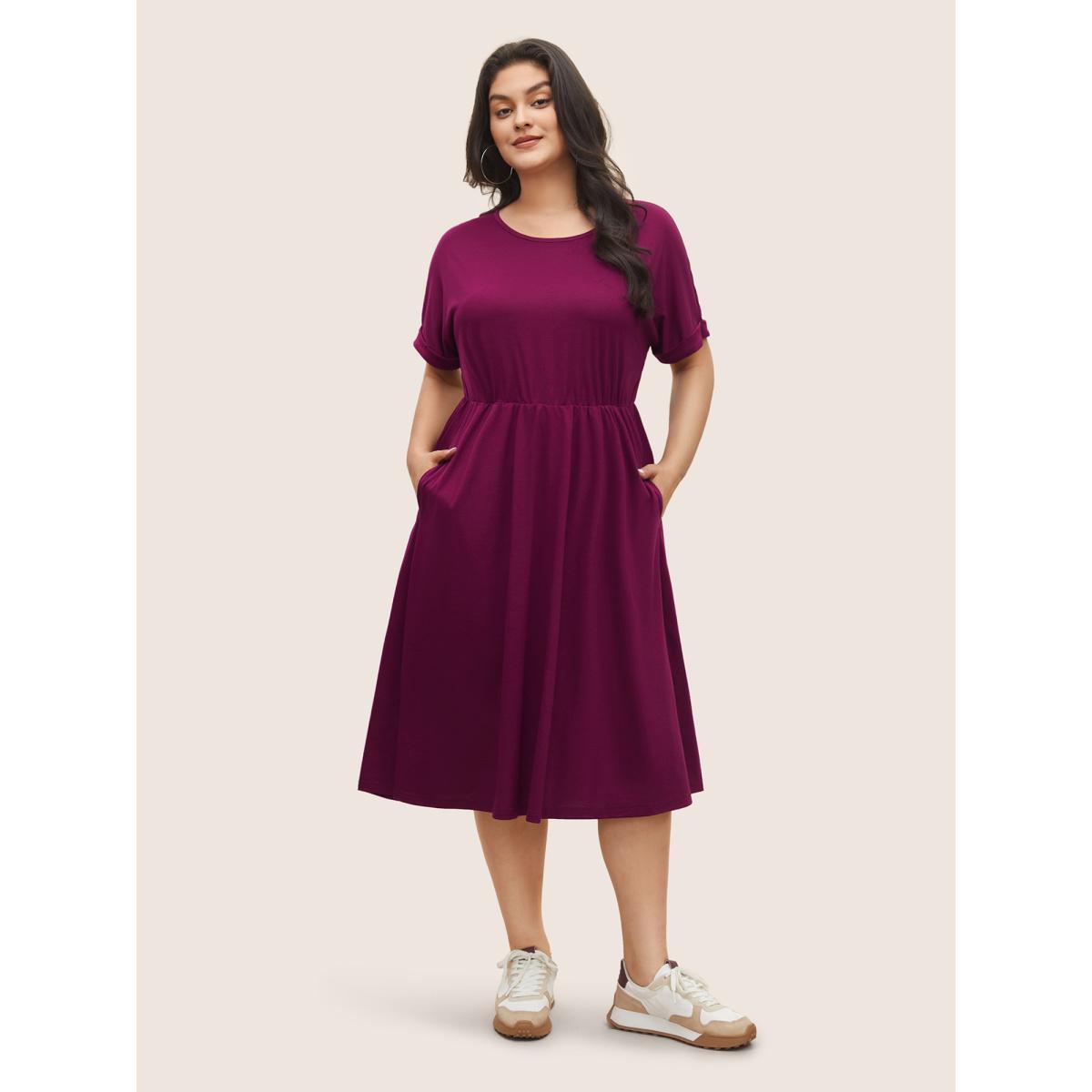 Plus Size Supersoft Essentials Solid Pocket Cuffed Sleeve Dress RedViolet Women Basics Non Round Neck Short sleeve Curvy Midi Dress BloomChic 14-16/1X Product Image