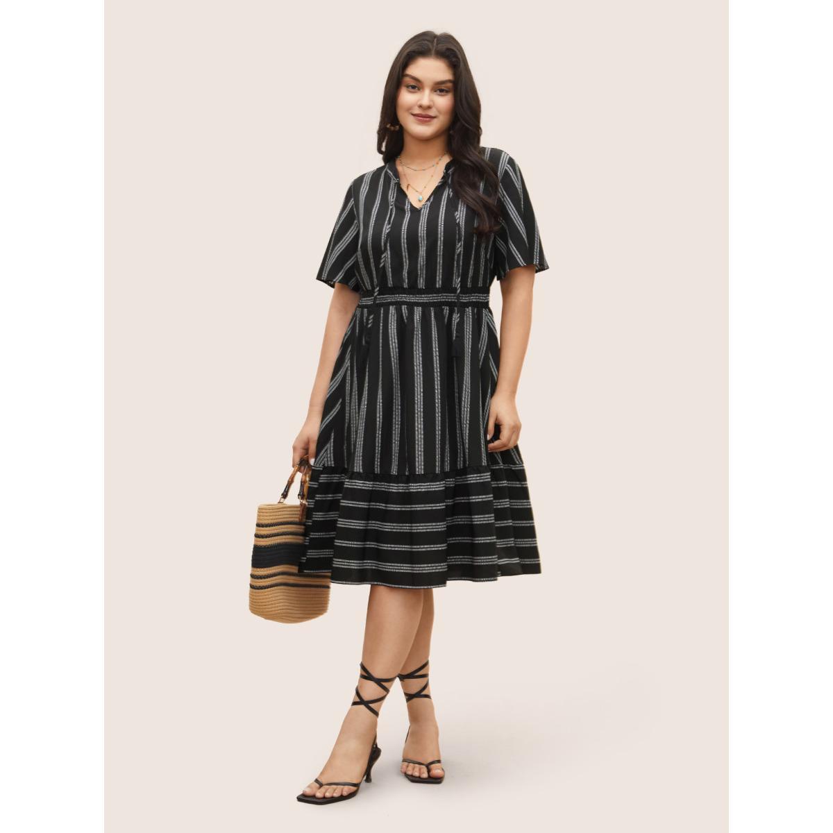 Plus Size Striped Patchwork Tassels Ties Shirred Dress Black Women Resort Non V-neck Short sleeve Curvy Midi Dress BloomChic 14-16/1X Product Image