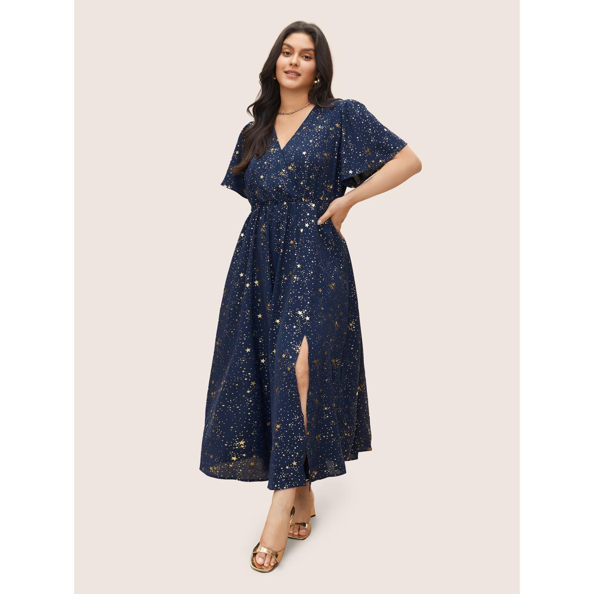 Moon and Star Galaxy Print Plus Size Dress Women Party Pocket Ruffle Sleeve Short Sleeve V Neck Pocket Going out Long Dress BloomChic Product Image