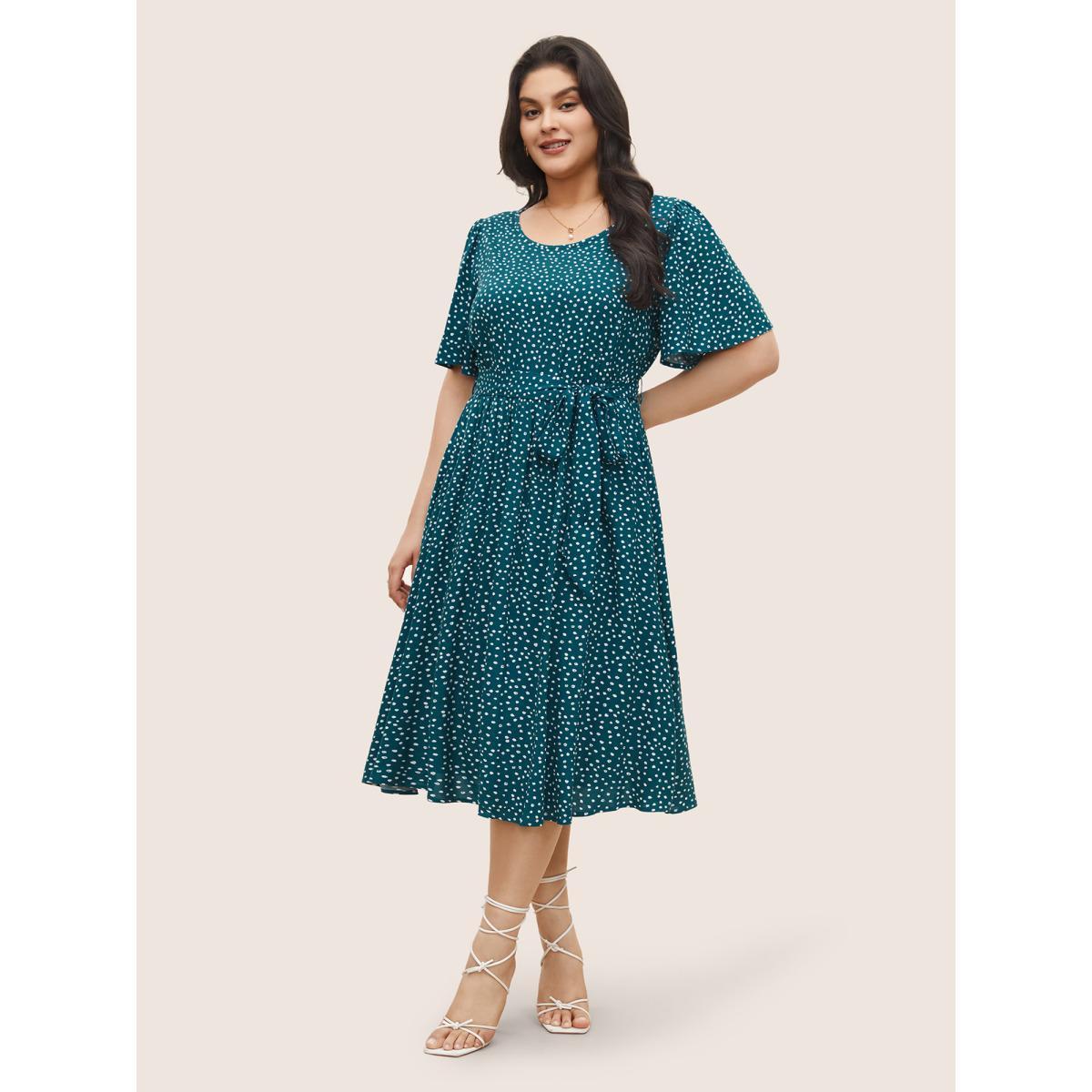 Plus Size Polka Dot Belted Flutter Sleeve Crew Neck Dress Teal Women Elegant Non Round Neck Short sleeve Curvy Midi Dress BloomChic 10/M Product Image