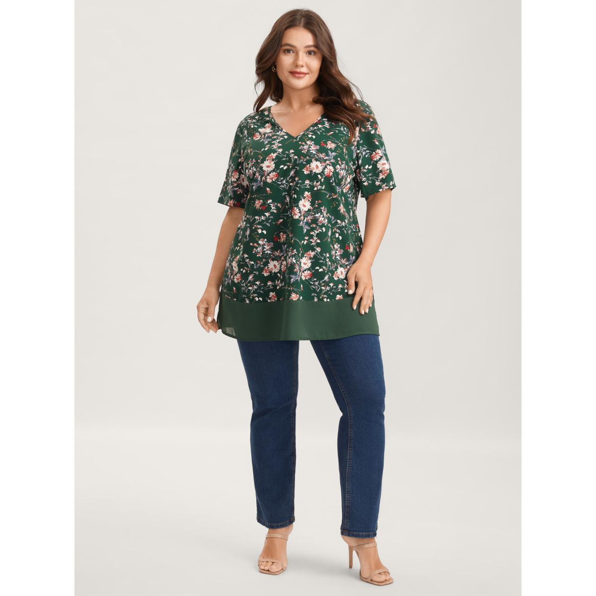 Plus Size DarkGreen Garden Print Spliced V-Neck Blouse Women Elegant Short sleeve V-neck Everyday Blouses BloomChic 18-20/2X Product Image