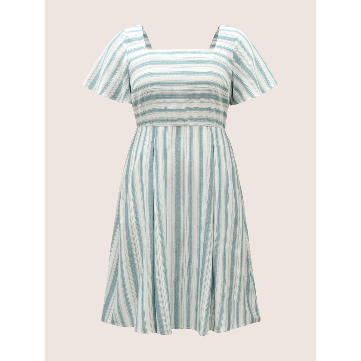 Plus Size Square Neck Striped Ruffle Sleeve Pleated Dress Teal Women Casual Pleated Square Neck Short sleeve Curvy BloomChic 14-16/1X Product Image