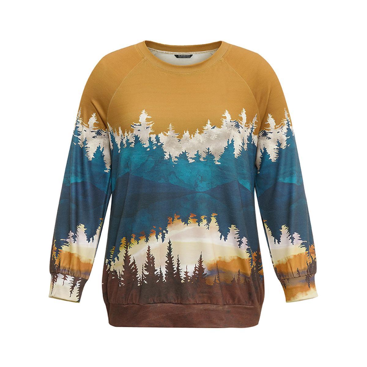 Plus Size Forest Ombre Crew Neck Raglan Sleeve Sweatshirt Women Bronze Casual Printed Round Neck Dailywear Sweatshirts BloomChic 22-24/3X Product Image