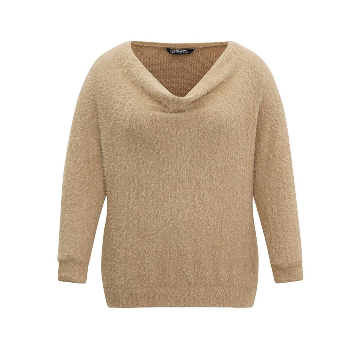 Plus Size Fuzzy Plain Cowl Neck Sweatshirt Women Tan Casual Texture Cowl Neck Dailywear Sweatshirts BloomChic 22-24/3X Product Image