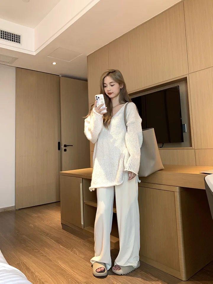 V-Neck Plain Oversized Sweater Product Image