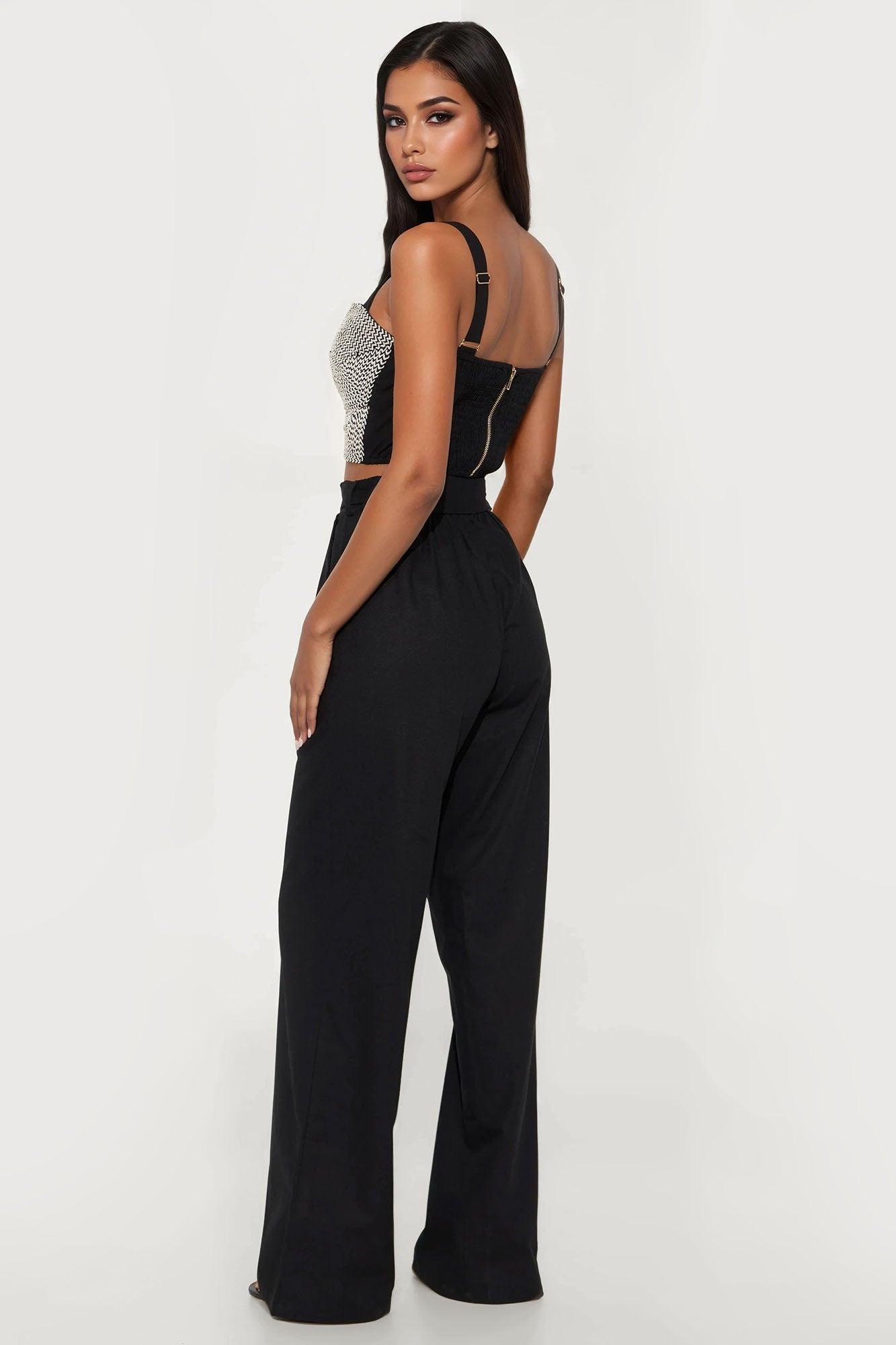 Mia Embroidered Wide Leg Pant Set - Black Product Image