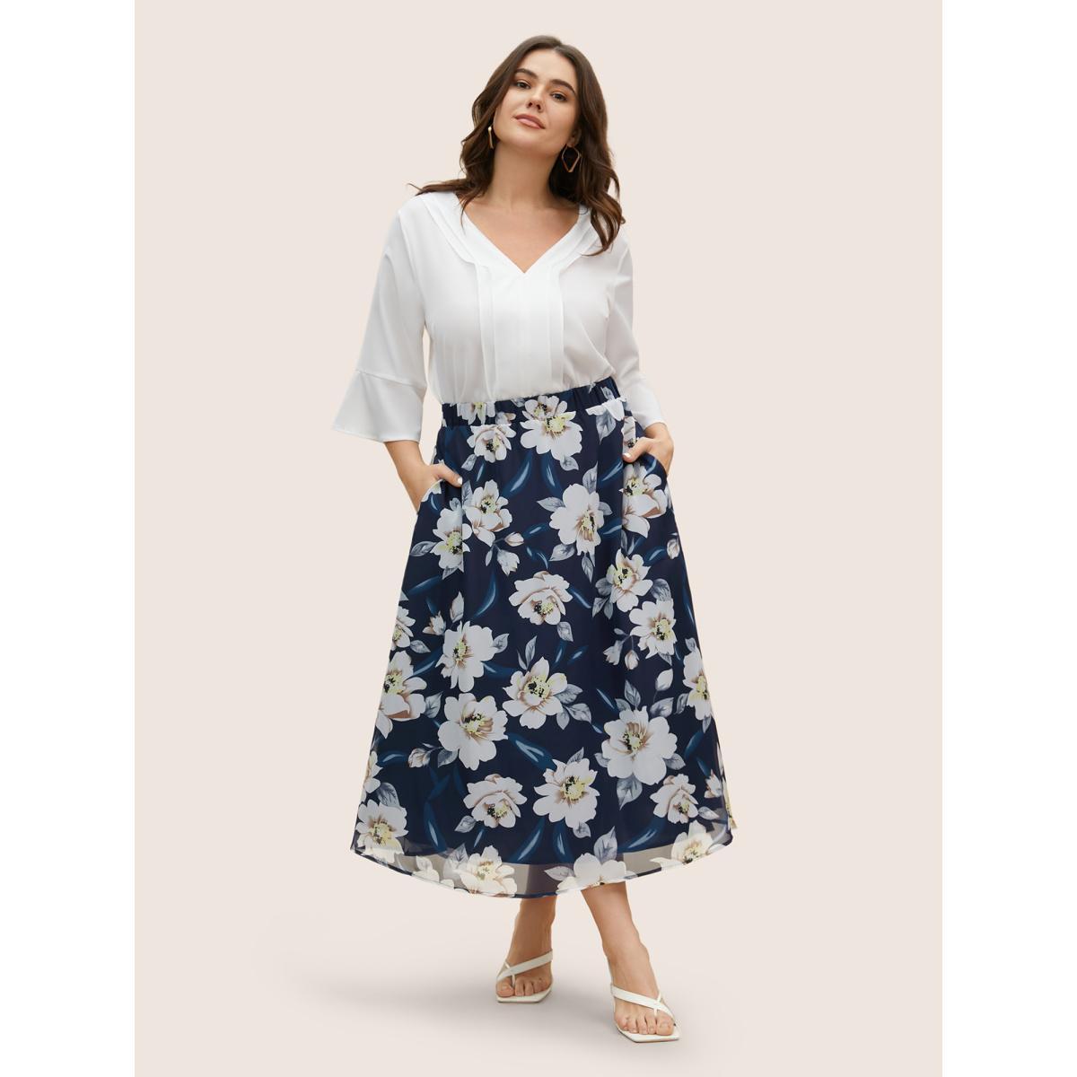 Plus Size Chiffon Mesh Floral Elastic Waist Skirt Women Navy Elegant See through No stretch Side seam pocket Everyday Skirts BloomChic 12/L Product Image