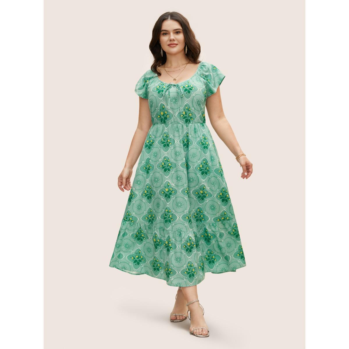 Plus Size Moroccan Print Ruffle Cap Sleeve Maxi Dress Palemauve Women Elegant Heart neckline Cap Sleeve Curvy BloomChic 22-24/3X Product Image