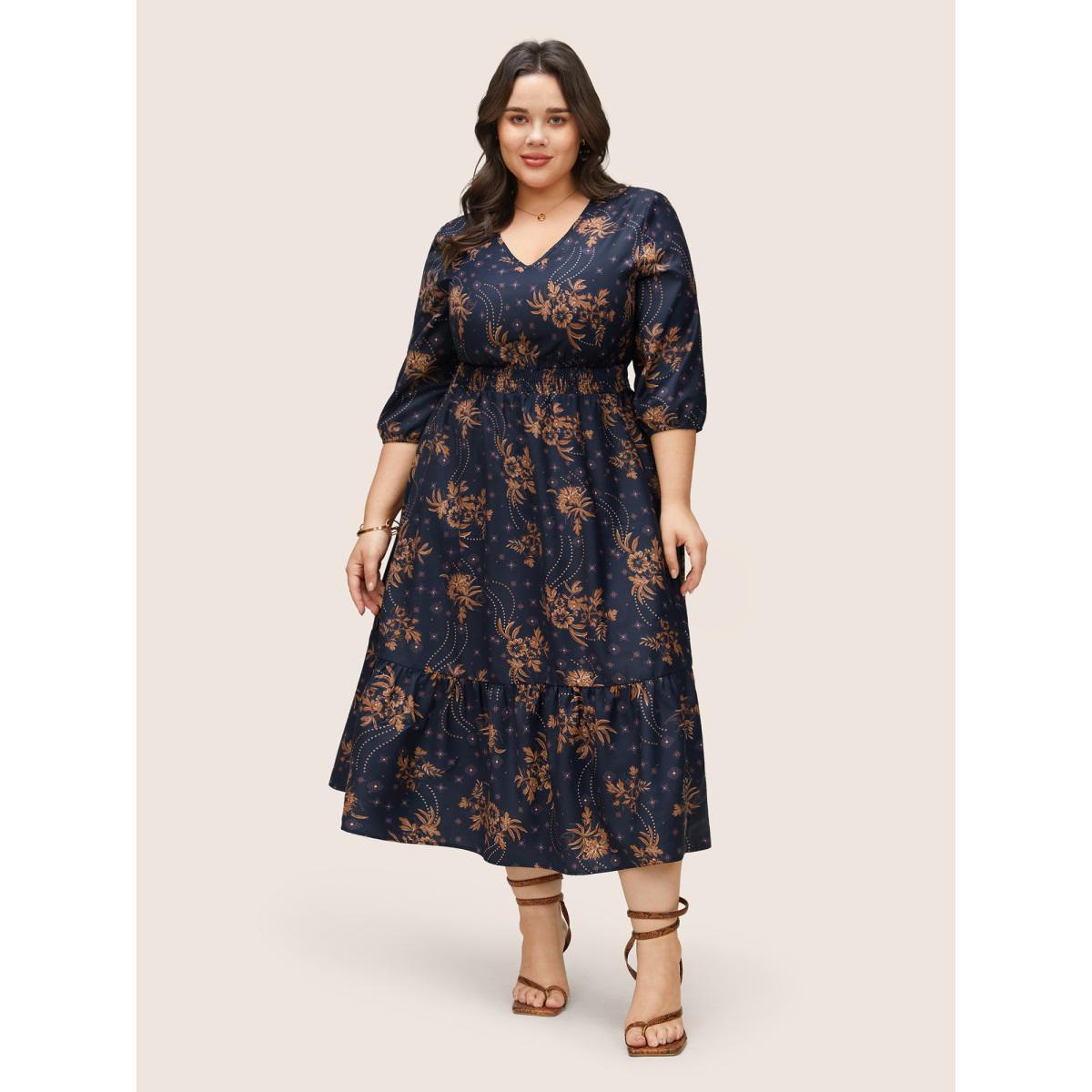 Plus Size Floral Print Gathered Ruffle Hem Shirred Dress DarkBlue Women Elegant Non V-neck Elbow-length sleeve Curvy Midi Dress BloomChic 22-24/3X Product Image