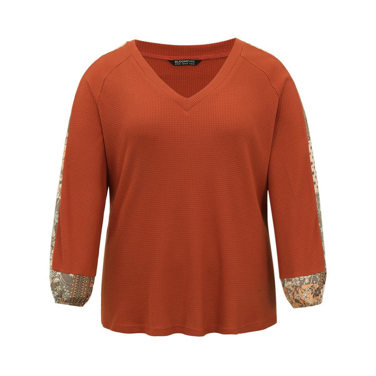 Plus Size Waffle Knit Boho Print Patchwork Raglan Sleeve T-shirt OrangeRed Women Elegant Bohemian Print V-neck Dailywear T-shirts BloomChic 14-16/1X Product Image