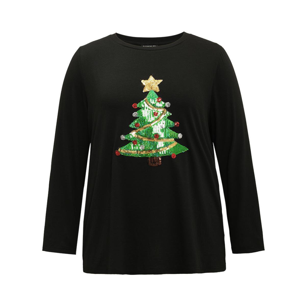 Plus Size Christmas Trees Sequin Round Neck T-shirt Black Women Casual Sequin Christmas Festival-Christmas T-shirts BloomChic 14-16/1X Product Image