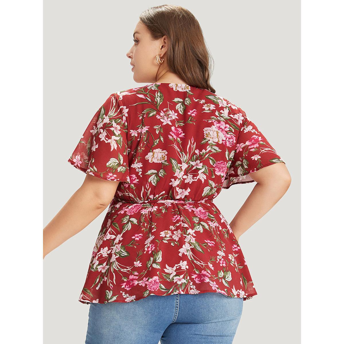 Plus Size Scarlet Floral Wrap Ruffle Sleeve Ties Blouse Women Elegant Short sleeve V-neck Dailywear Blouses BloomChic 14-16/1X Product Image