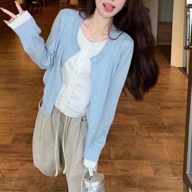 Mock Two-Piece Round Neck Two Tone Cardigan Product Image