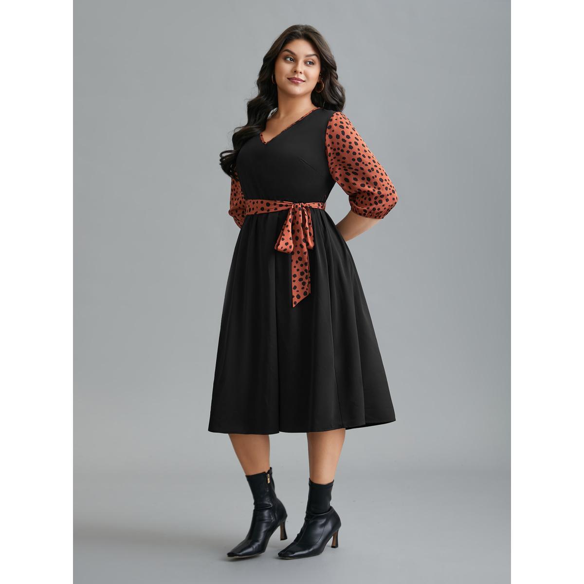 Plus Size V Neck Polka Dot Color contrast Dress Black Women Elegant Belted V-neck Elbow-length sleeve Curvy BloomChic 14-16/1X Product Image