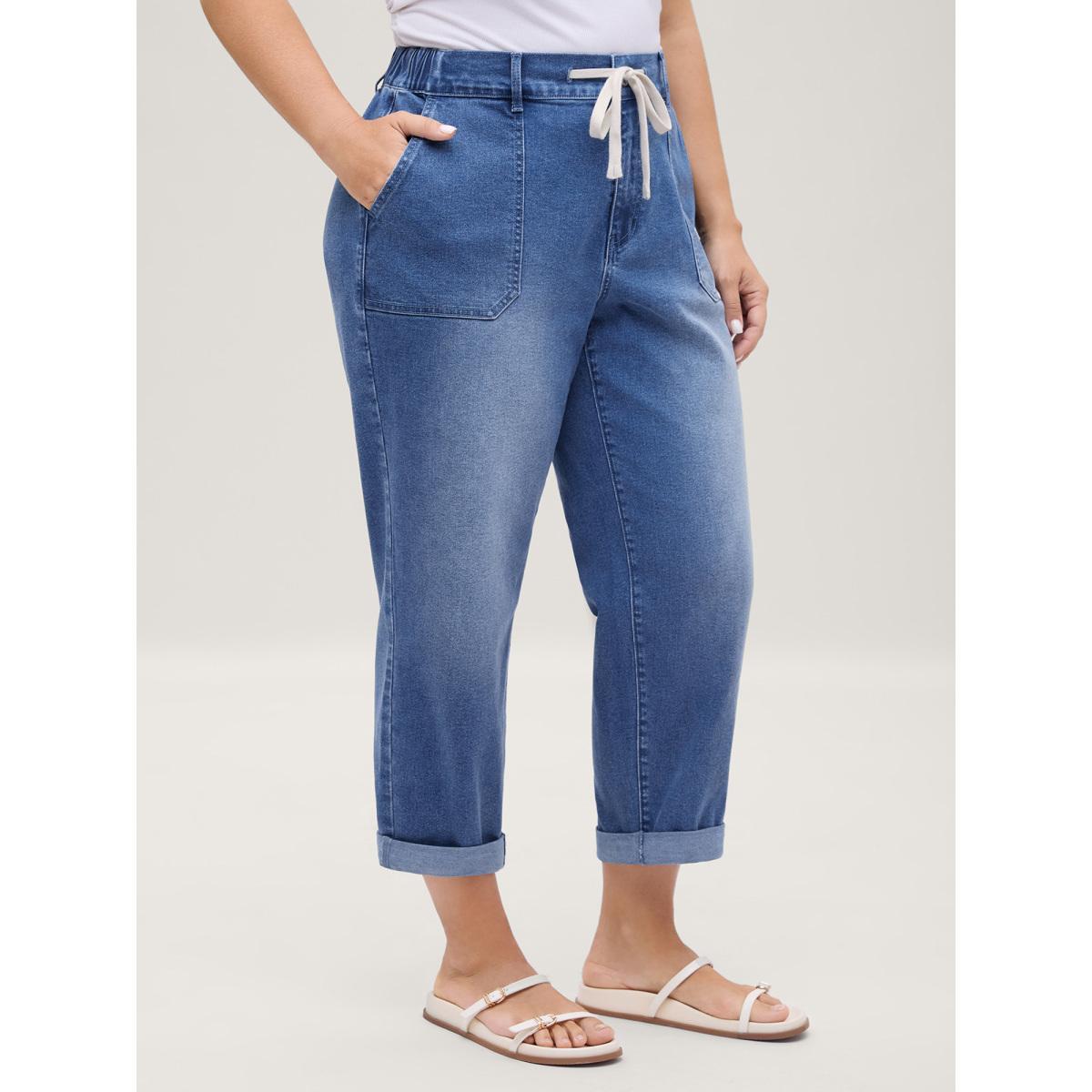 Plus Size Stretch No-Gap Elastic Waist Jeans Women Midblue High stretch Slanted pocket Jeans BloomChic 22/3X Product Image