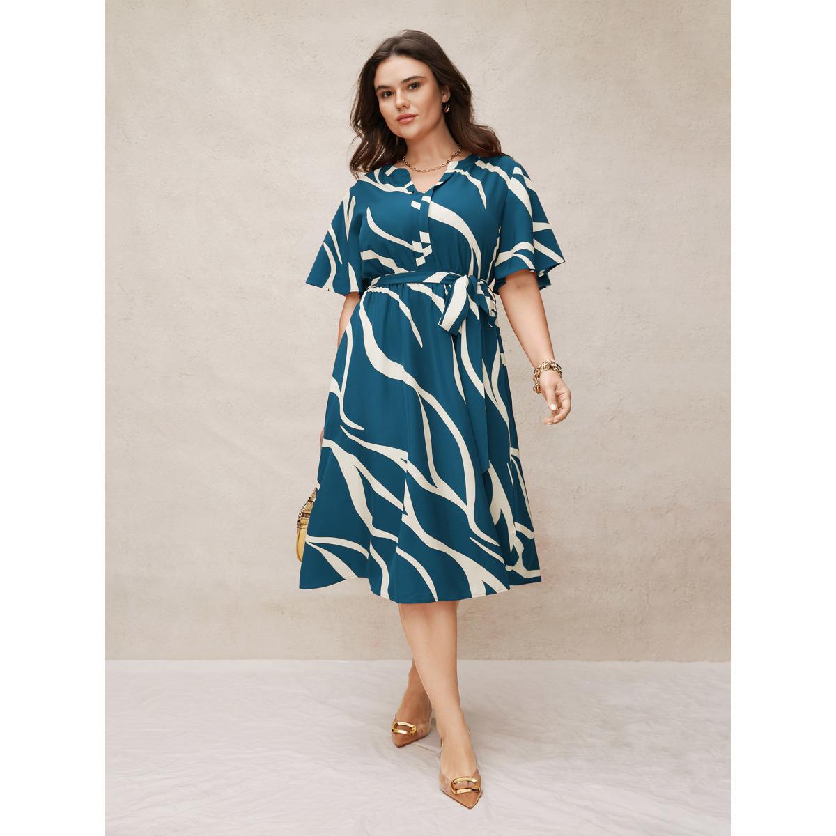Plus Size Geometric Surplice Neck Tie Knot Midi Dress Aegean Women At the Office Belted Flat collar with V-notch Short sleeve Curvy BloomChic 30/6X Product Image