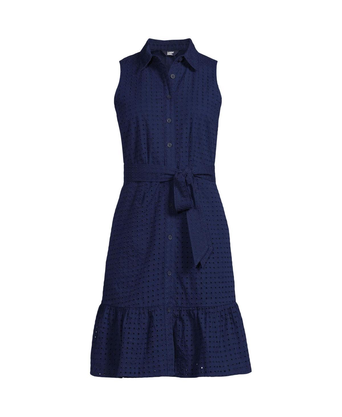Womens Lands End Womens Collared Sleeveless Eyelet Tiered Shirt Dress Deep Blue Product Image