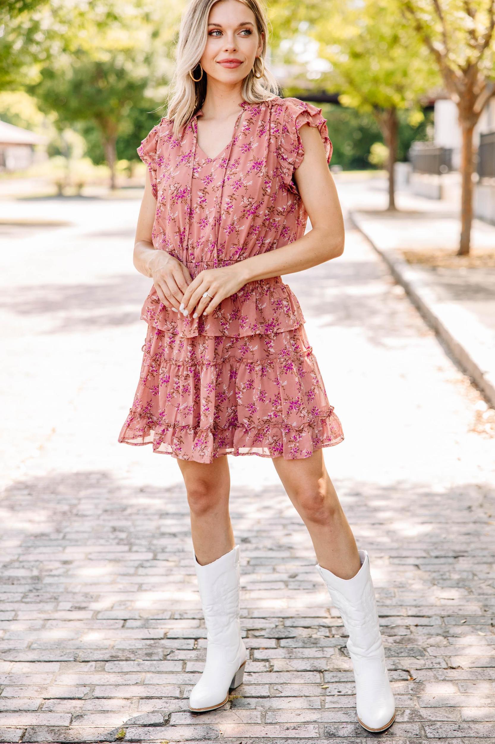 Wherever You Are Marsala Pink Ditsy Floral Dress Female Product Image