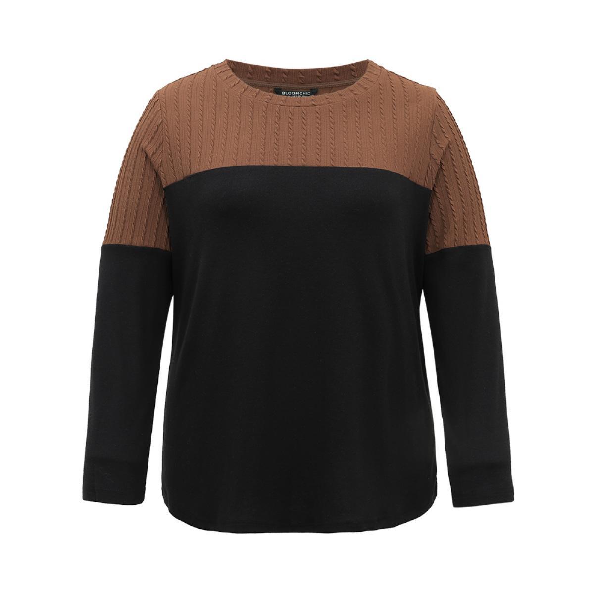 Plus Size Textured Patchwork Contrast Crew Neck Knit T-shirt Black Women Casual Texture Plain Round Neck Dailywear T-shirts BloomChic 14-16/1X Product Image