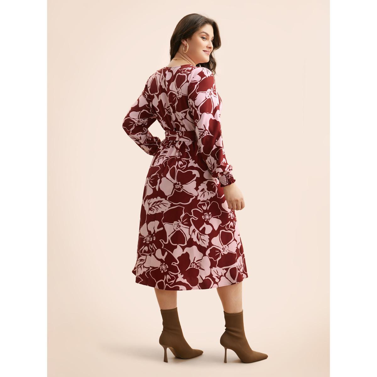 Plus Size Floral Button Up Belted Dress Burgundy Women Elegant Belted Round Neck Long Sleeve Curvy BloomChic 12/L Product Image