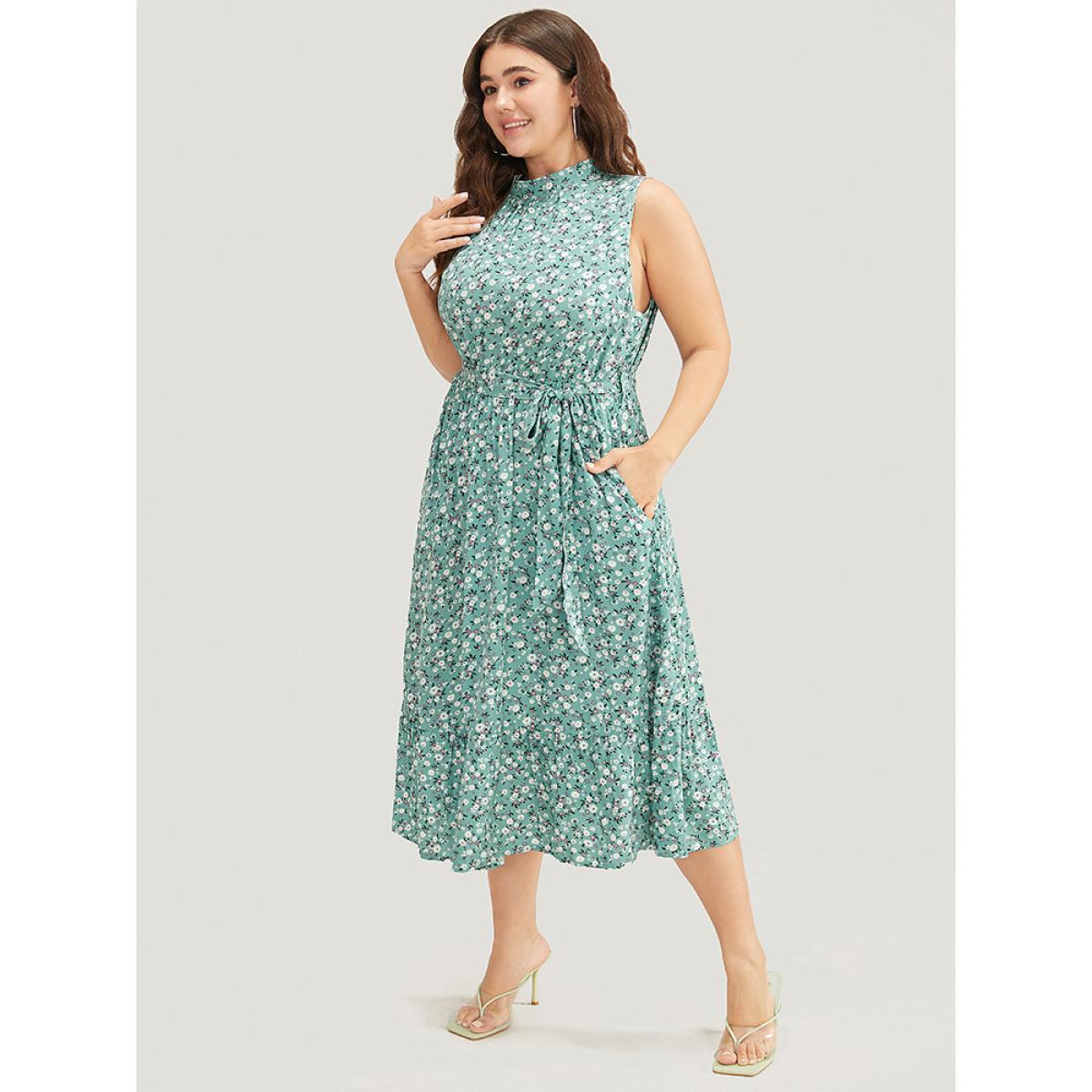 Plus Size Ditsy Floral Keyhole Pocket Belted Mock Neck Ruffles Dress Mint Women Elegant Pocket Mock Neck Sleeveless Curvy Midi Dress BloomChic 22-24/3X Product Image
