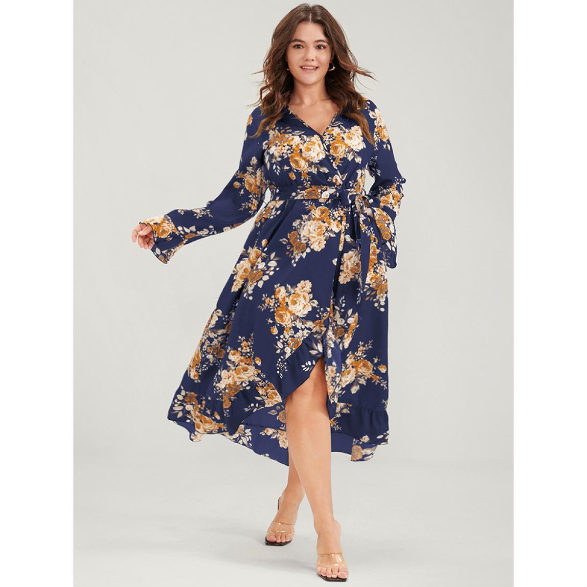 Plus Size Floral Pocket Belted Ruffles High Low Hem Wrap Midi Dress DarkBlue Women Elegant Elastic Waist V-neck Long Sleeve Curvy Midi Dress BloomChic 26/4X Product Image