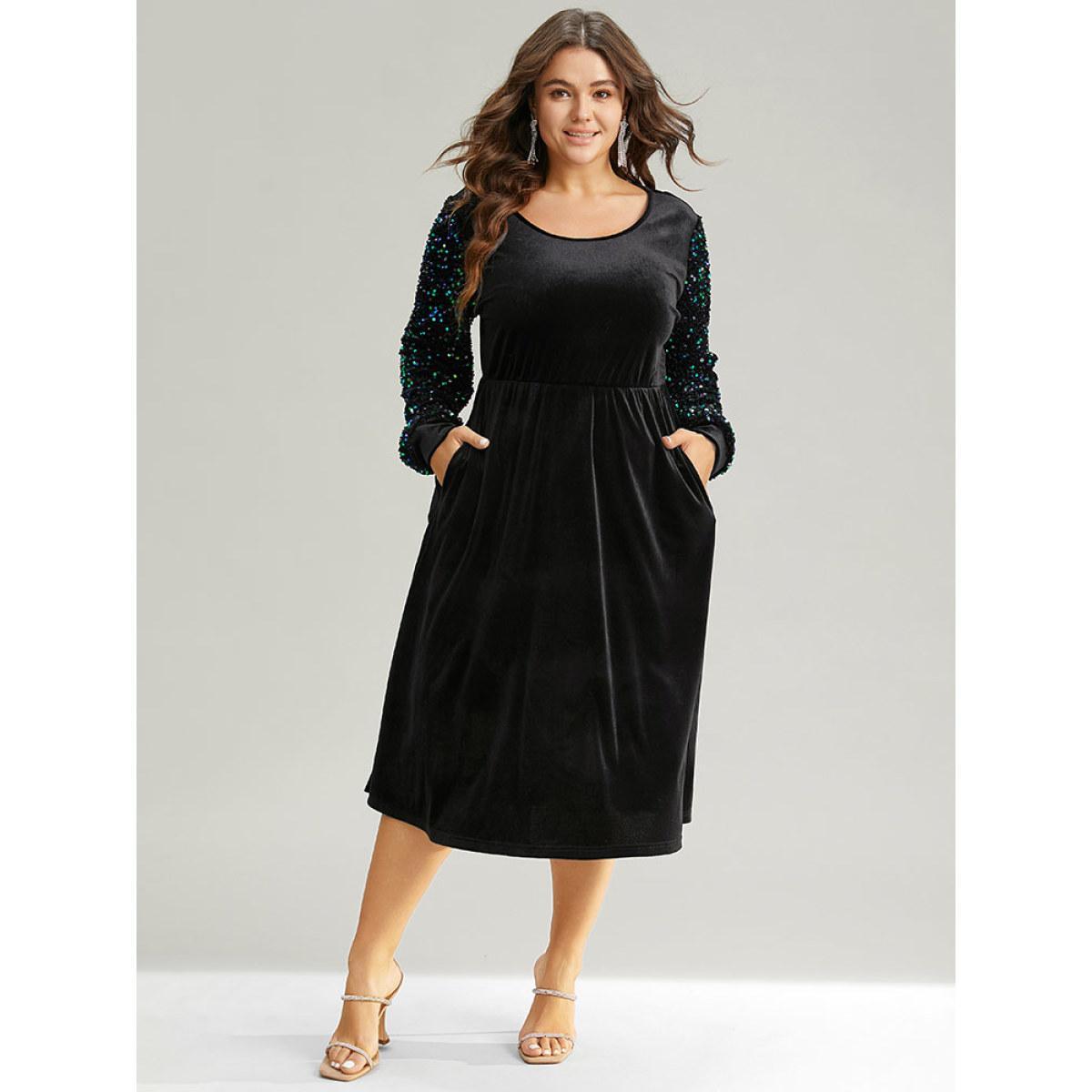 Plus Size Velvet Patchwork Sequin Elastic Waist Dress Black Women Party Velvet Scoop Neck Long Sleeve Curvy Midi Dress BloomChic 28/5X Product Image