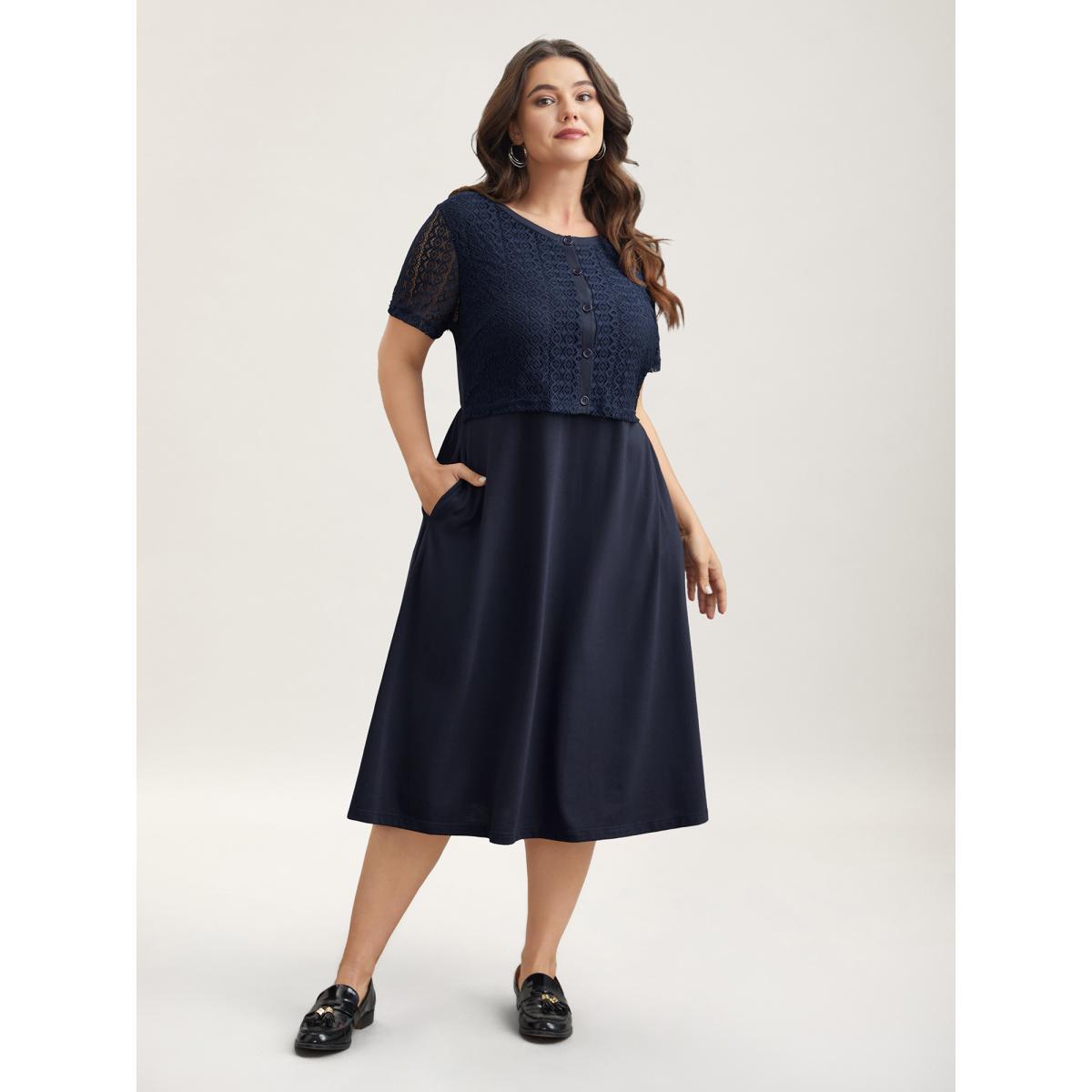 Plus Size 2-in-1 Spliced Button-Front Midi Dress DarkBlue Women Casual Woven ribbon&lace trim Round Neck Short sleeve Curvy BloomChic 12/L Product Image