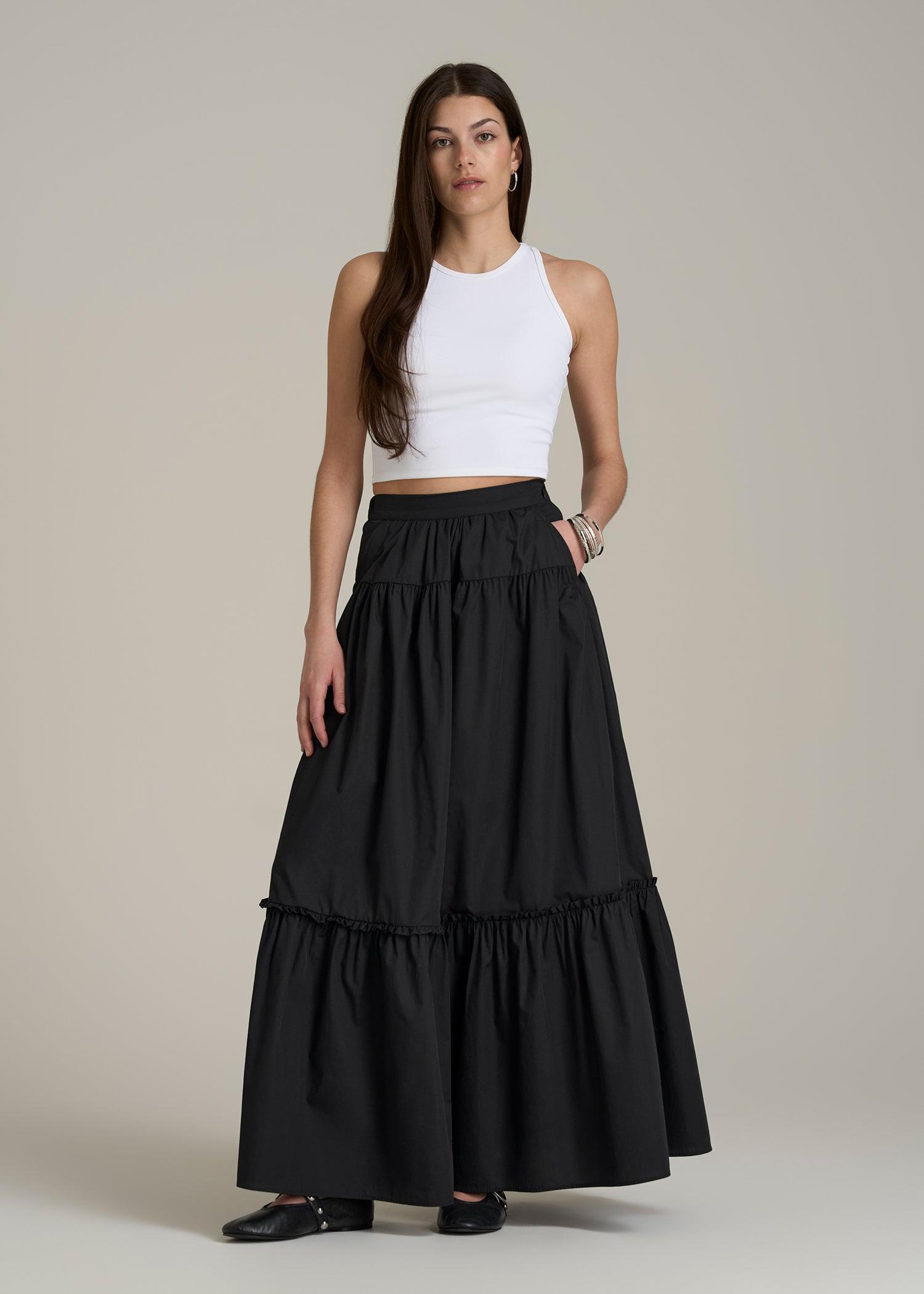 Tiered Cotton Maxi Skirt for Tall Women in Black Product Image