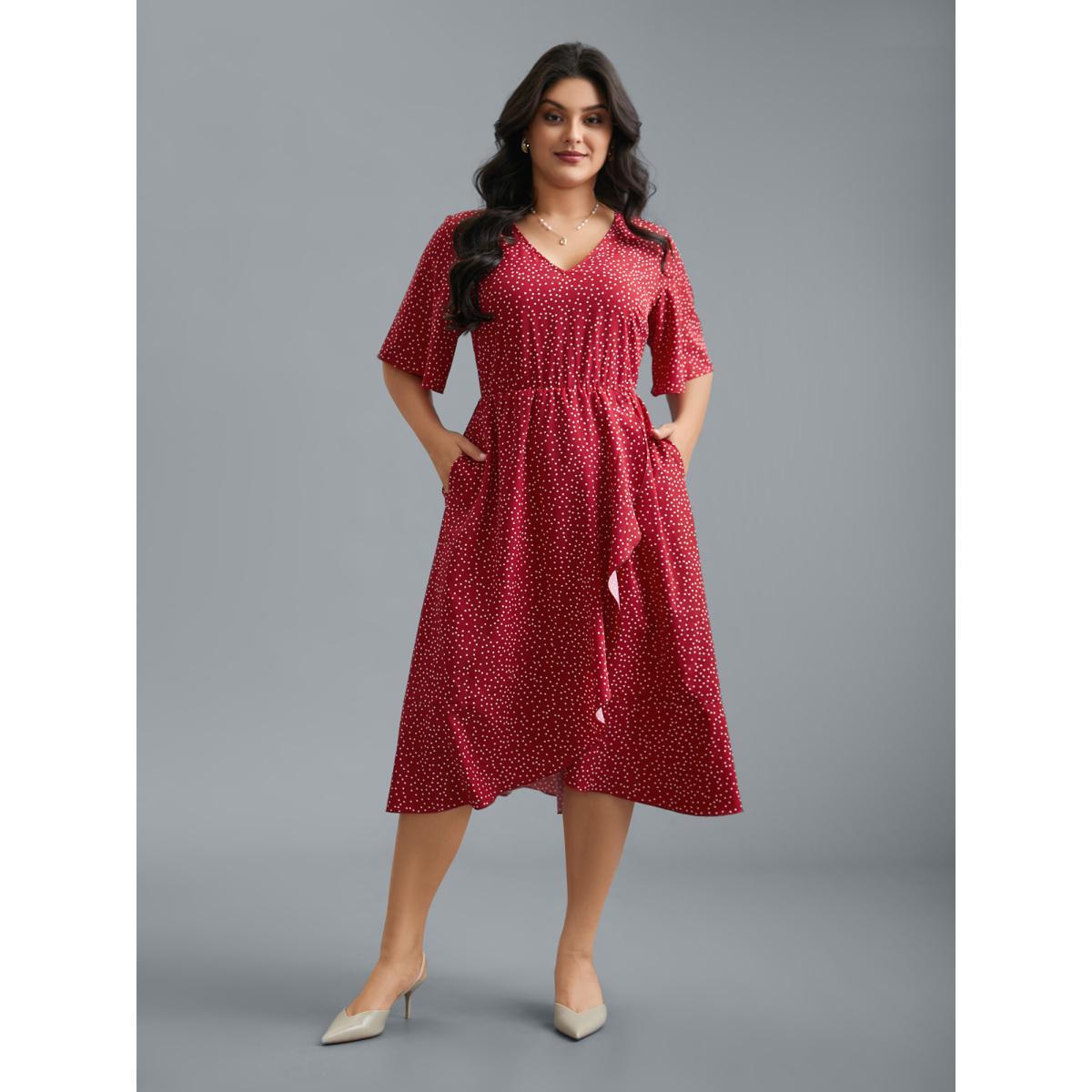 Plus Size V Neck Polka Dot Ruffle Trim Dress Scarlet Women Elegant Overlapping V-neck Half Sleeve Curvy BloomChic 12/L Product Image
