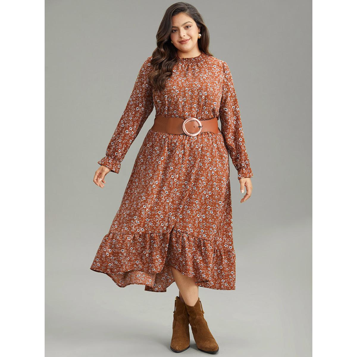 Plus Size Ditsy Floral Pocket Elastic Waist Skirt Women Rust Elegant Elastic Waist No stretch Pocket Everyday Skirts BloomChic 28/5X Product Image
