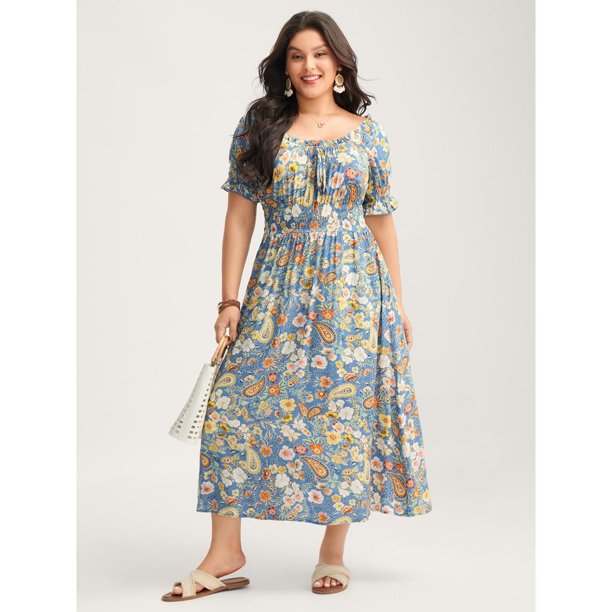 Plus Size Rayon Paisley Ruffled Shirred Waist Midi Dress Skyblue Women Square Neck Short sleeve Curvy BloomChic 26/4X Product Image