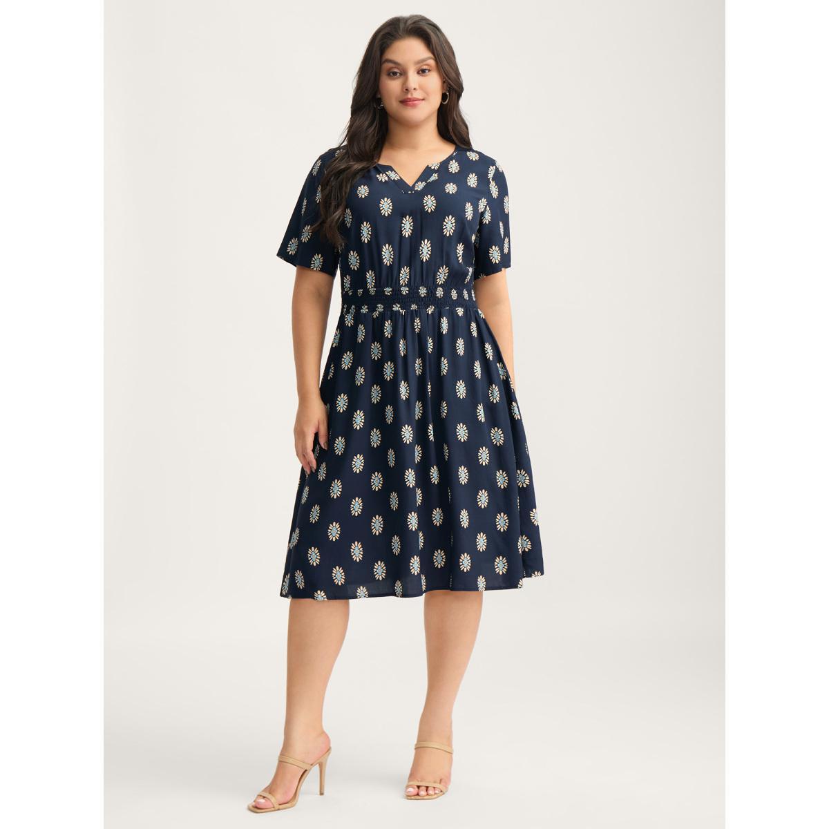 Plus Size Rayon Geometric Floral Print Shirred Midi Dress DarkBlue Women Notched collar Short sleeve Curvy BloomChic 10/M Product Image