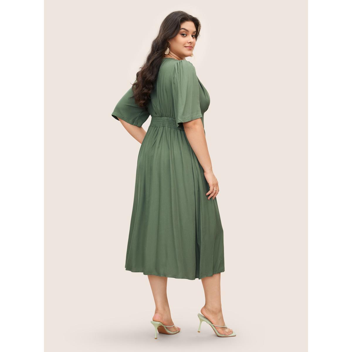 Plus Size Plunging Neck Button Detail Pocket Maxi Dress ArmyGreen Women Resort Gathered V-neck Short sleeve Curvy Long Dress BloomChic 16/1X Product Image