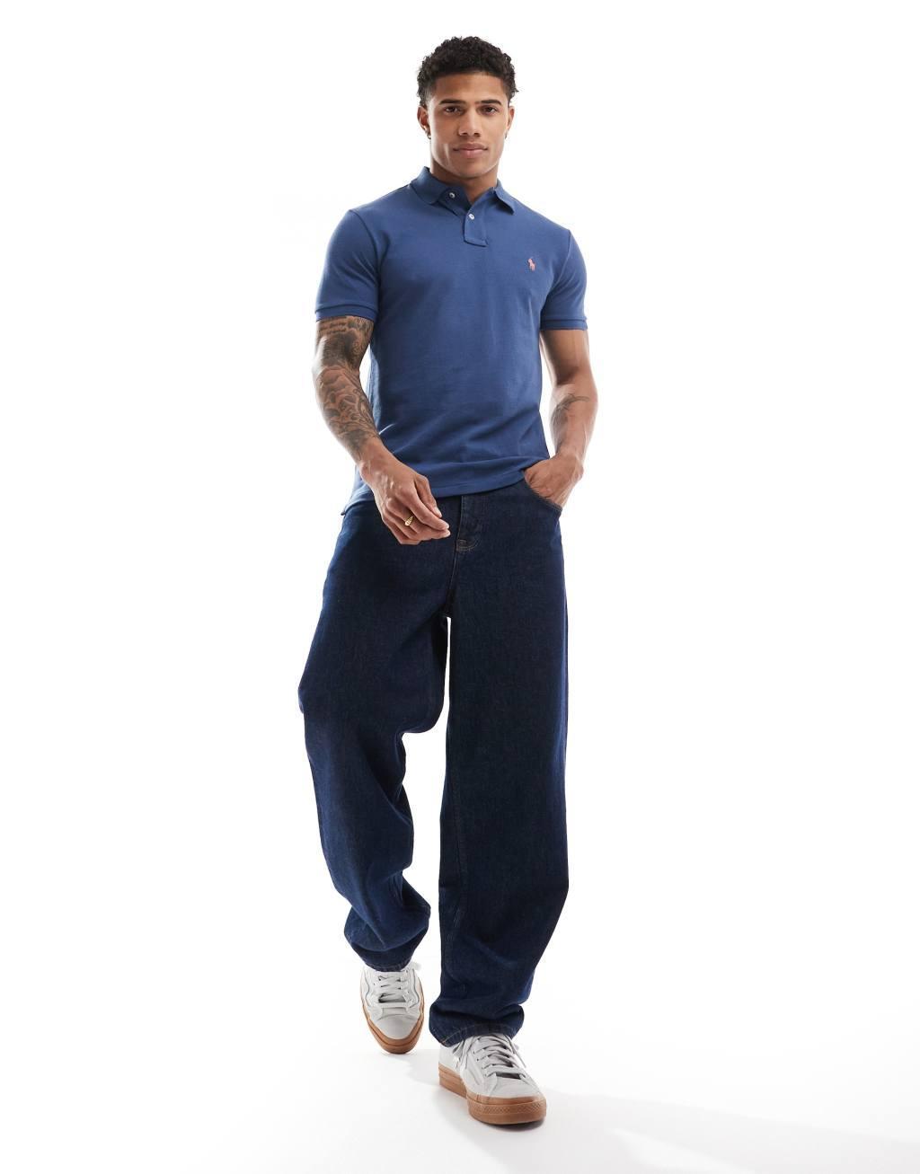 Polo Ralph Lauren icon logo slim fit pique polo in mid blue Product Image