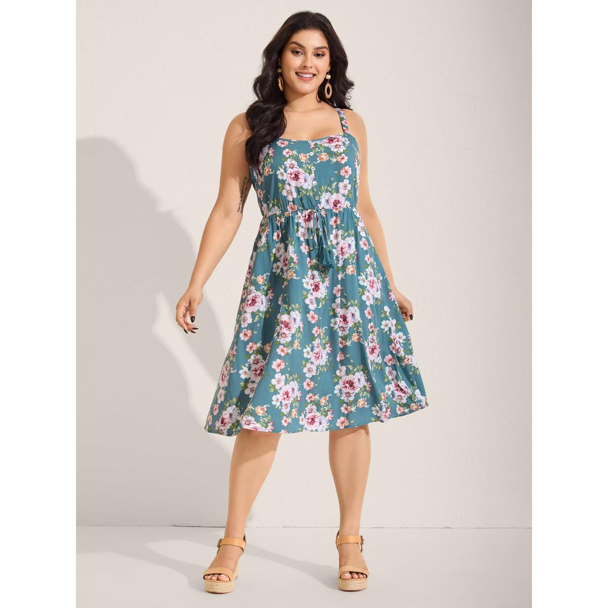 Plus Size Large Floral Print Cinched-Waist Midi Dress Stone Women Square Neck Sleeveless Curvy BloomChic 18-20/2X Product Image
