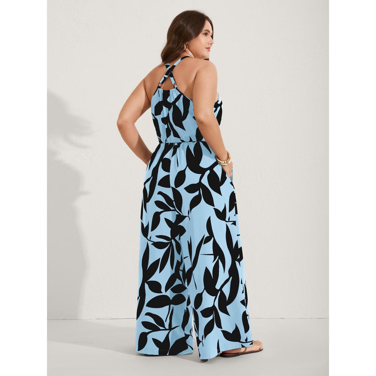 Plus Size LightBlue Silhouette Floral Print Sweetheart Jumpsuit Women Sleeveless V-neck Everyday-Elegant Loose Jumpsuits BloomChic 14-16/1X Product Image