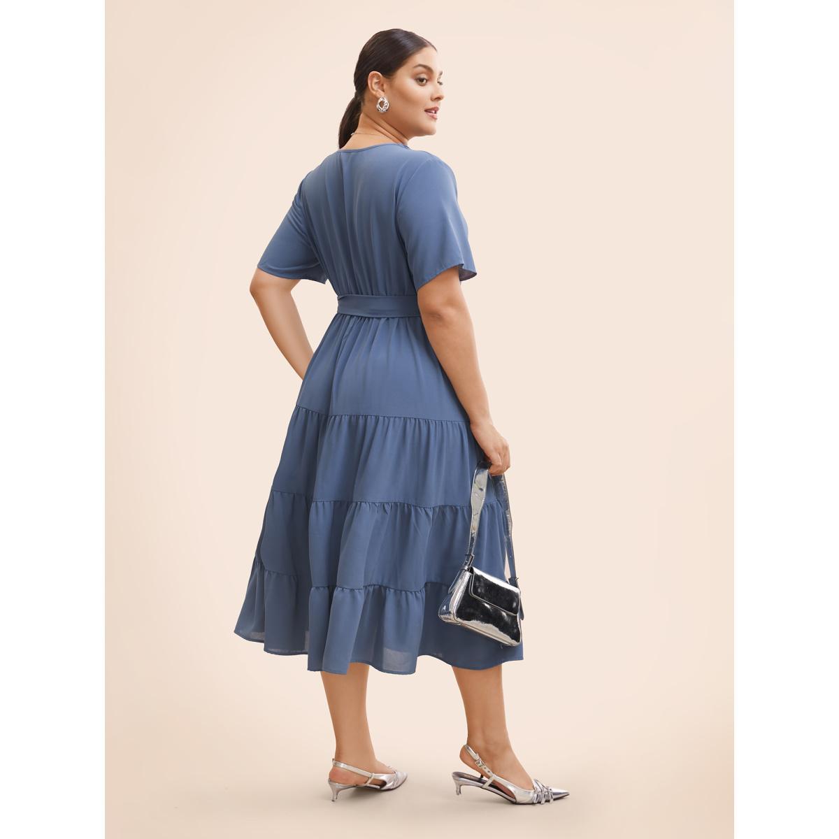 Plus Size Suit Collar Ruffle Layered Hem Dress Stone Women Workwear Essentials Belted Suit Collar Short sleeve Curvy BloomChic 14-16/1X Product Image