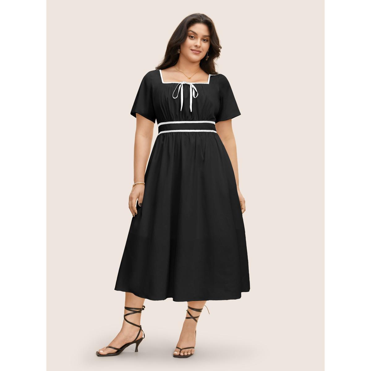 Plus Size Contrast Trim Tie Knot Elastic Waist Dress Black Women Elegant Tie knot Square Neck Short sleeve Curvy BloomChic 14-16/1X Product Image