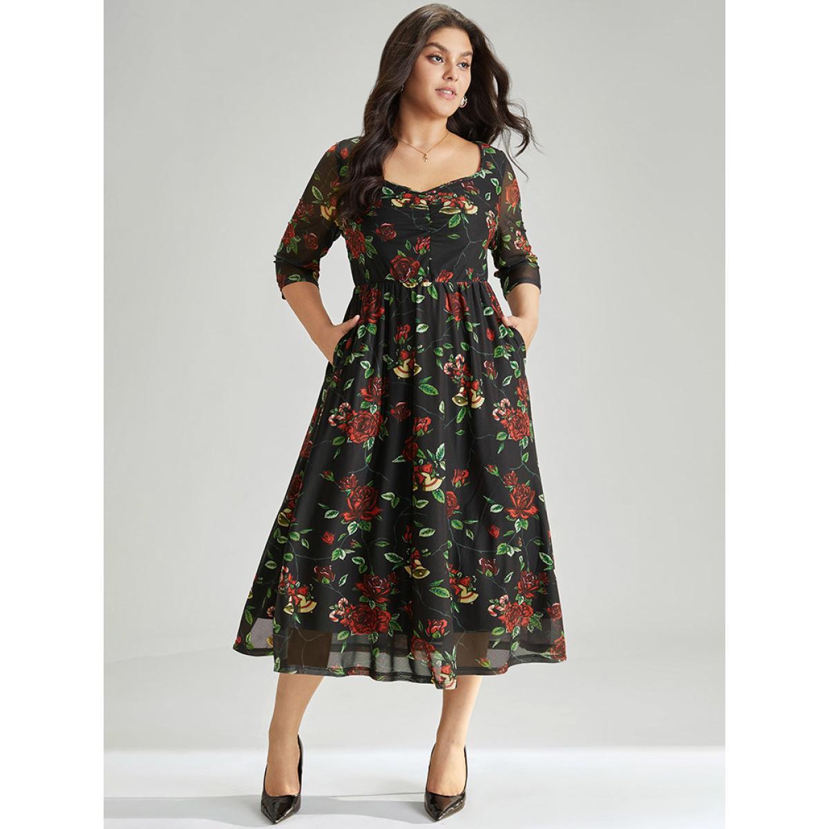 Plus Size Floral Square Neck Mesh Gathered Dress Black Women Office Gathered Square Neck Half Sleeve Curvy Midi Dress BloomChic 10/M Product Image