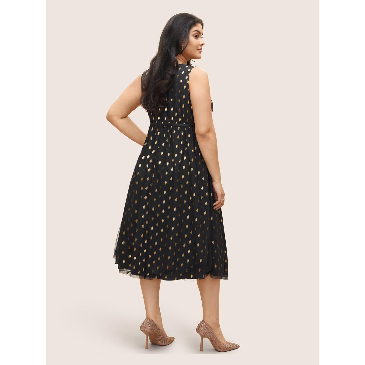 Plus Size Glitter Polka Dot Pocket Patchwork Tank Dress Black Women Cocktail Non V-neck Sleeveless Curvy Midi Dress BloomChic 22-24/3X Product Image