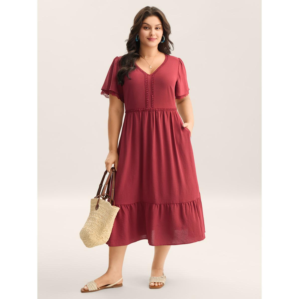 Plus Size Lace Trim Neck Sheer Pockets Maxi Dress Rust Women V-neck Short sleeve Curvy BloomChic 18-20/2X Product Image