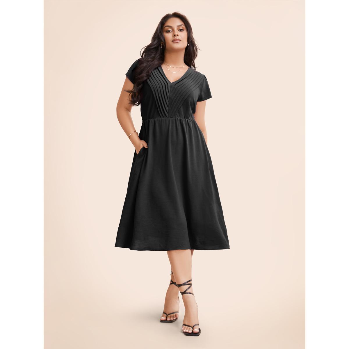 Plus Size Solid Ruffle Trim V Neck Pocket Pleated Front Dress Black Women Elegant Pleated V-neck Cap Sleeve Curvy Midi Dress BloomChic 30/6X Product Image