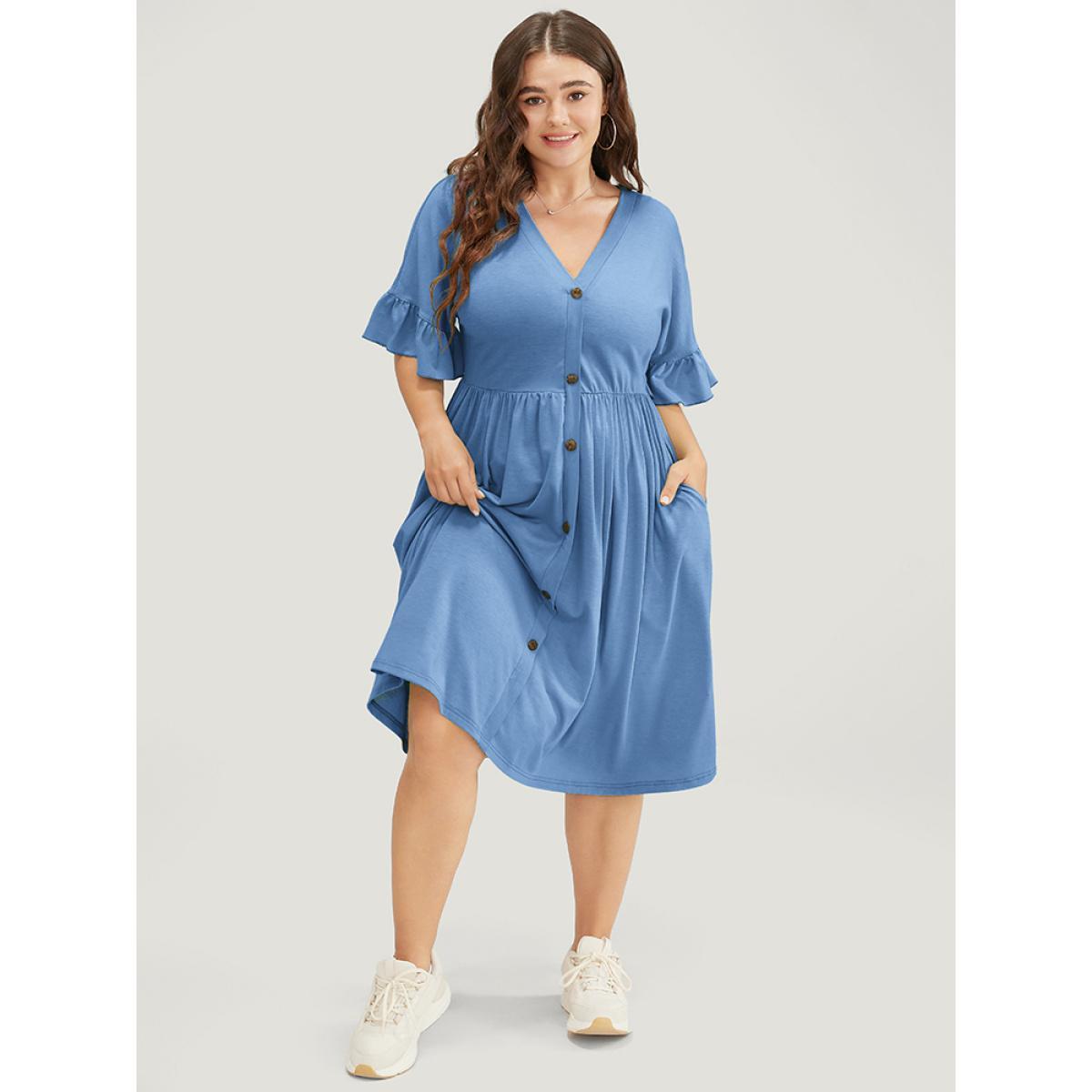 Plus Size Solid Pocket Button Detail Ruffle Sleeve Midi Dress Stone Women Casual Button V-neck Short sleeve Curvy Midi Dress BloomChic 28/5X Product Image