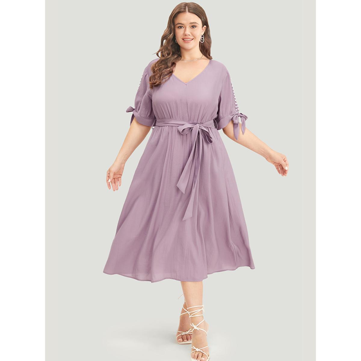 Plus Size Plain Pearl Beaded Knotted Sleeve Pocket Belted Ruffle Dress Heather Women Office Beaded V-neck Half Sleeve Curvy Midi Dress BloomChic 10/M Product Image